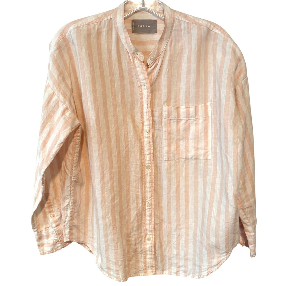 Everlane Women's Pink and White Striped Collarless Linen‎ Button Up Shirt Size 0